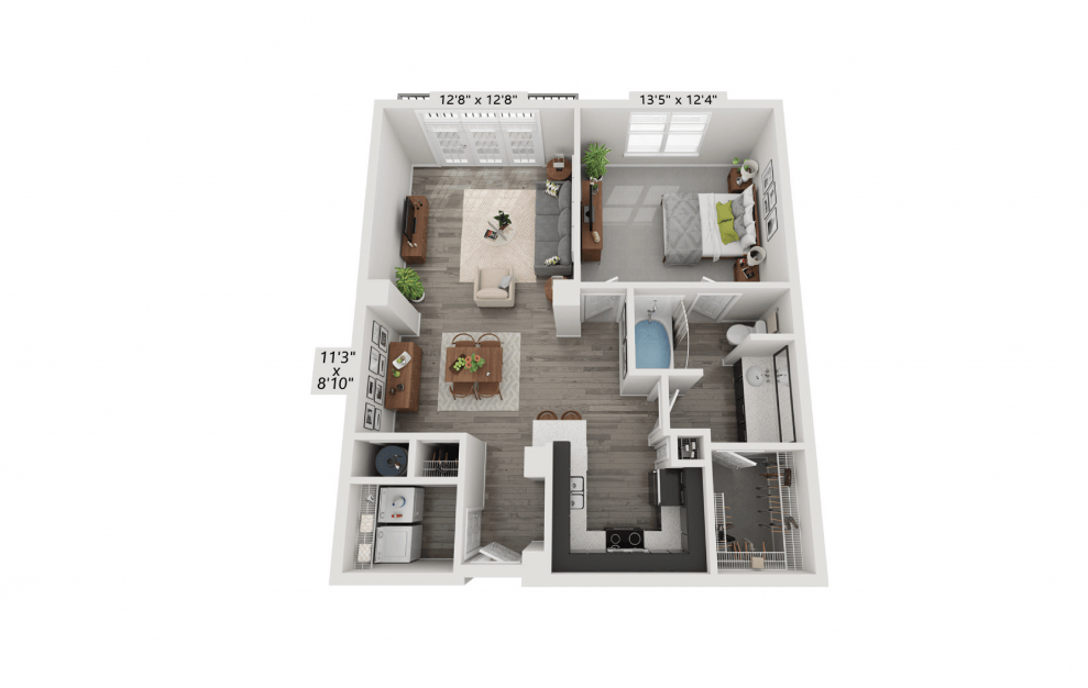 Rendering of The Concord layout , 1 Bed | 1 Bath | 861 sq. ft at Aspire Lenox Park Apartments in North Atlanta