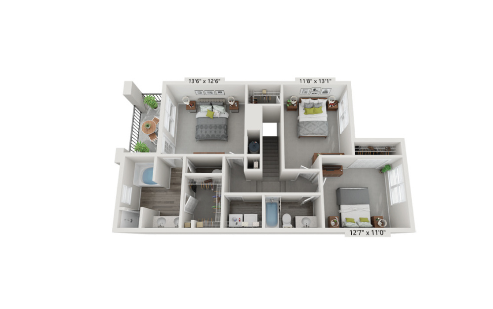 Luxury apartment layout with three bedrooms and 2 baths at Aspire Lenox Park Apartments in North Atlanta