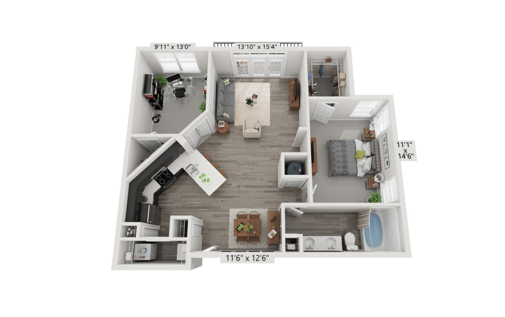 Rendering of The Maximilian layout , 2 Bedroom | 1 Bath | 1057 sq. ft. at Aspire Lenox Park Apartments in North Atlanta