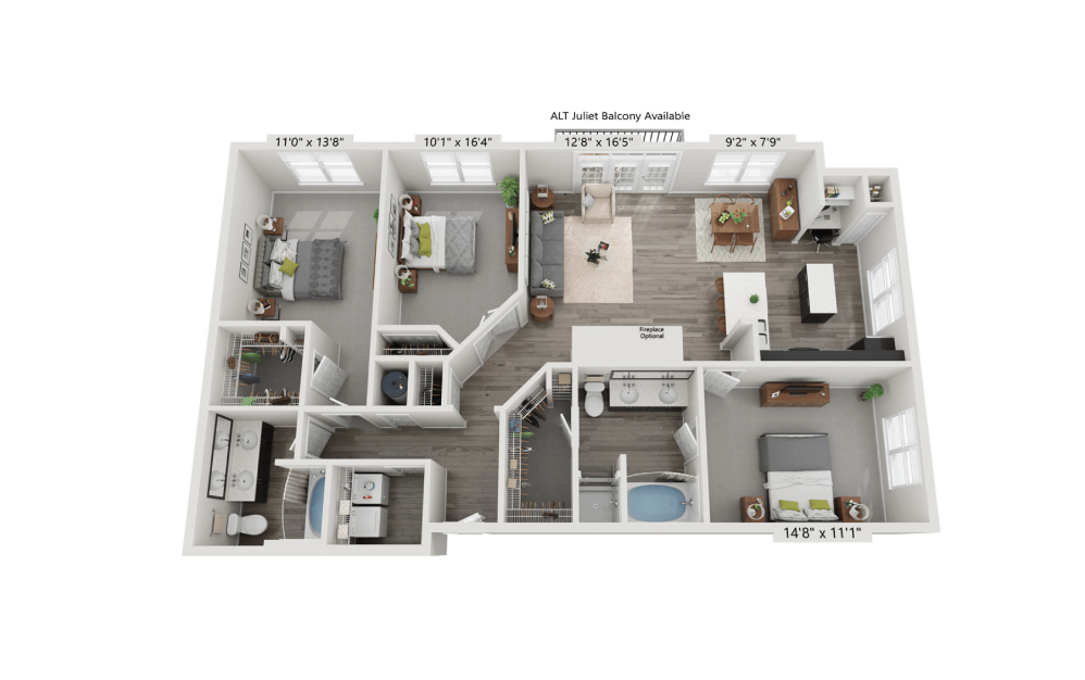 Rendering of The Parisian layout , 3 Bed | 2 Bath | 1447 sq. ft. at Aspire Lenox Park Apartments in North Atlanta