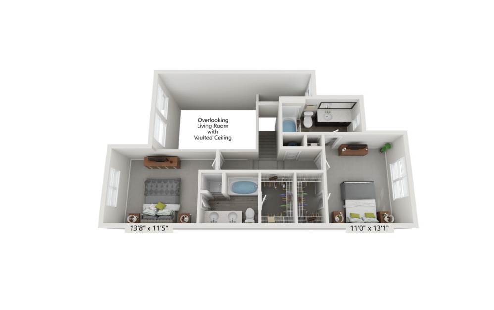 Second floor rendering of The Marquis layout , 3 Bed | 2.5 Bath | 2140 sq. ft. at Aspire Lenox Park Apartments in North Atlanta