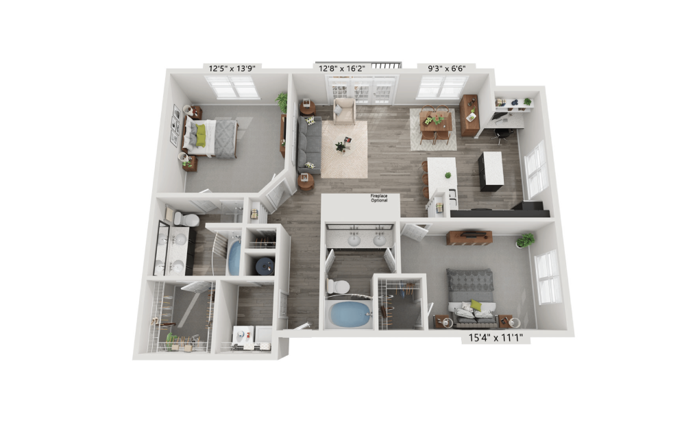 Rendering of The Stratford layout , 2 Bed | 2 Bath | 1208 sq. ft. at Aspire Lenox Park Apartments in North Atlanta