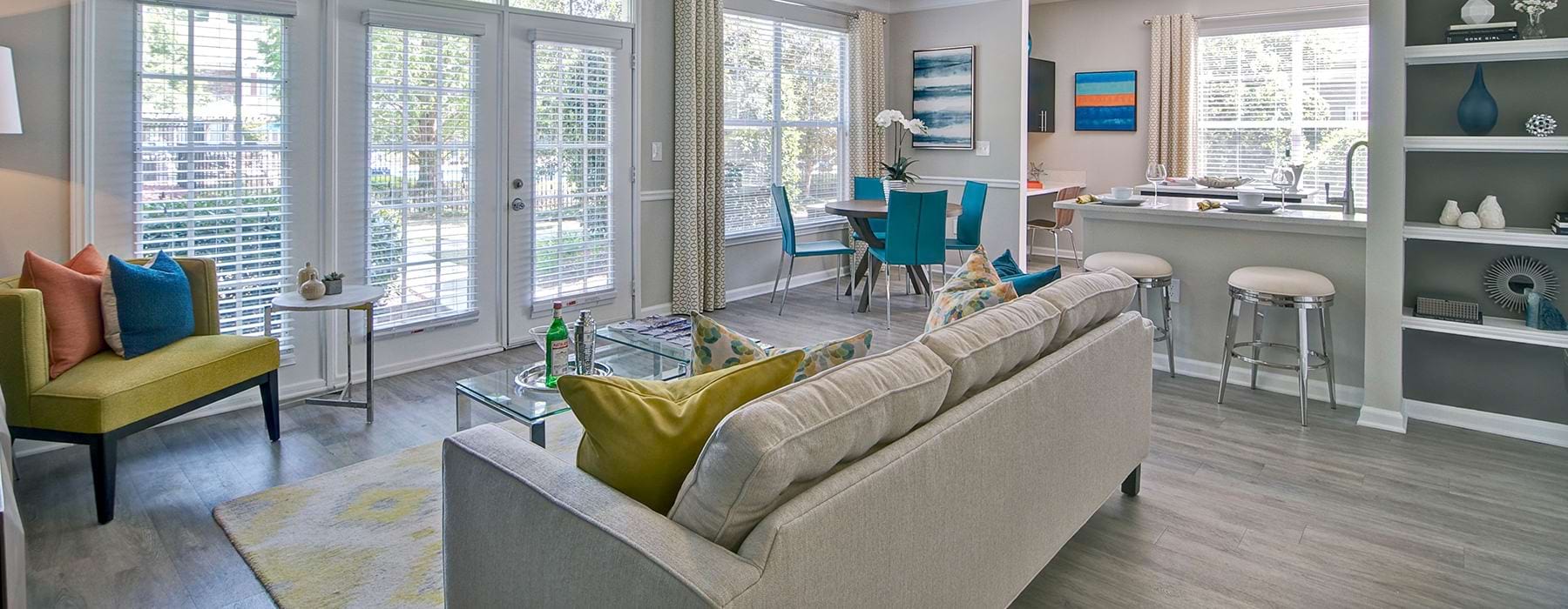View of modern living room in 2 bedroom luxury apartment at Aspire Lenox Park near Ridgedale Park